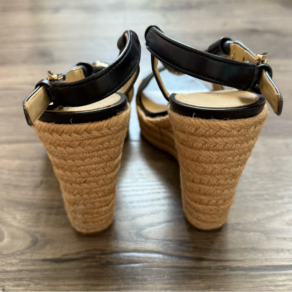 Michael Kors Annie Black Leather Espadrille Wedge Sandals size 7 Women